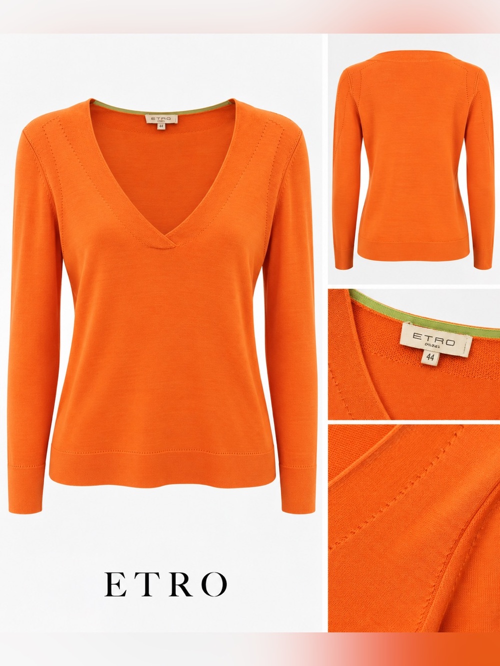 Etro Orange V-Neck Long Sleeve Knit Top